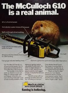 an advertisement for the mcculloch 610 is shown with a beaver holding a chainsaw