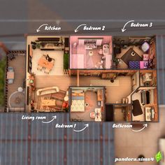 an overhead view of a house with the living room, bedroom and bathroom areas labeled