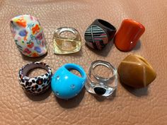 Lot of 8 plastic and plastic lucite rings.  Retro or retro style and wonderful pre-owned condition.  Sizes are 5 (1), 6 and 7. Ring Combo, Plastic Rings, Plastic Ring, Chunky Rings, Nail Art Diy, Rings Statement, Art Diy, Retro Style, Statement Rings