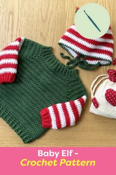 baby elf hat, diaper cover and booties are on the table with text overlay that says baby elf hobbi plus opskif