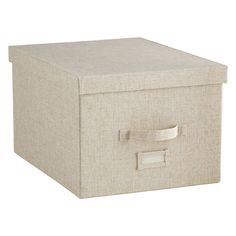 a white storage box with two handles