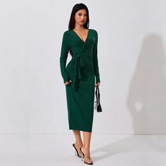 F00284658-102 Dark Green Bridesmaid Dress, Midi Bridesmaid Dress, Dress Autumn, Dress Occasion, Stil Elegant, Women Long Sleeve Dress, Mid Length Skirts, Spring Women, Daily Dress