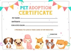 a pet certificate with dogs and puppies on it