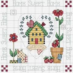 a cross stitch pattern with flowers and potted plants on the side, which reads home sweet home