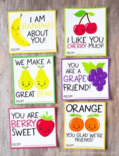 four cards with fruit sayings on them