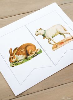 a card with two pictures of rabbits and sheep on it, one is laying down while the other is standing up