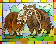 two raccoons standing next to each other in front of a stained glass window