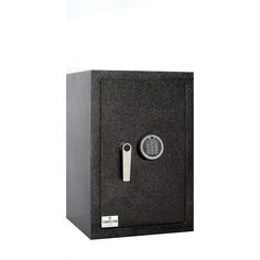 a black safe with the door open on a white background and no people around it