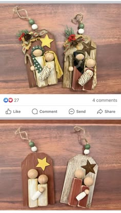 two wooden tags with nativity images on them and the same one in different colors