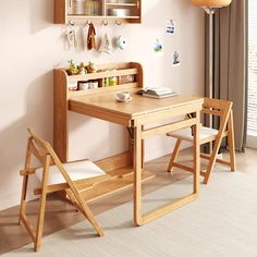 a wooden desk and chair in a room