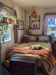 a bed room with a neatly made bed and lots of plants on the windowsill