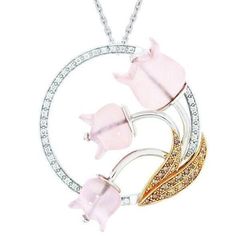 LALIQUE Muguet 18k Gold & Diamonds with Rose Quartz Pendant Women's Necklace - New! Lilly of the Valley Rose Quartz Nacklace in 18k White & Red Gold with Diamonds LALIQUE Diamonds: 34 at .35 carat Champagne Diamonds: 25 at .31 carat Pink Quartz Lilly-of-the-valley: 3 at 24.5 ct Total Weight: 28 Grams (approx) 23.75'' length of necklace (can be resized down). Size of pendant: 1.5'' inches (measurements are approx.) This iconic flower design represents the flora motifs explored by René Lalique, an Beautiful Diamond Necklace, Rose Quartz Necklace Pendants, Diamond Flower Pendant, Bijoux Art Nouveau, Rene Lalique, Nouveau Jewelry, Lalique Crystal, Rose Quartz Pendant, Halo Pendant