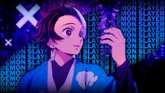 an anime character holding a cell phone in front of purple and black background with the words demon slayer on it