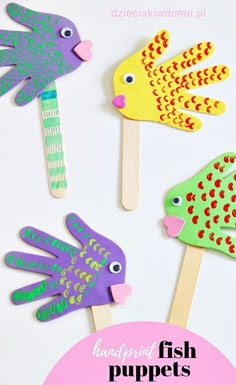 four fish puppets made from popsicle sticks on a white surface with text overlay