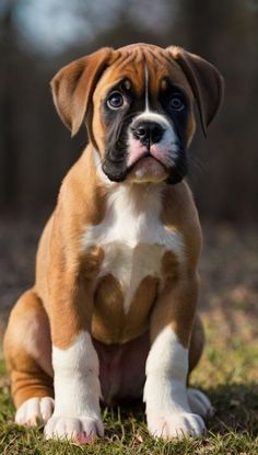 a brown and white puppy sitting on top of a grass covered field with trees in the background