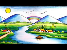 a painting of a river with houses and mountains in the background, as well as a rainbow