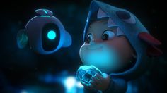 an animated character holding a crystal ball in front of a dark background with glowing lights