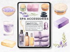 an illustration of spa accessories and soaps on a white background with watercolor effect