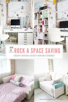 a room with white furniture and pink flowers on the walls is featured in an article about how to rock a space saving craft room guest room combo