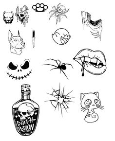 various halloween stickers are shown in black and white, including an image of a bottle with