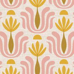 an art deco style wallpaper with yellow and pink flowers on white background, in shades of gold