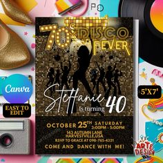 a flyer for a disco party with various items on the table and in front of it