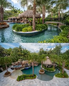 two different views of a tropical garden with palm trees and water features in the pool