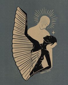 an illustration of a woman holding a fan with the sun above her head and stars on it