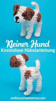 two crocheted dogs are shown on a blue background with the words, keiner hund kostenlose hakenelietiung