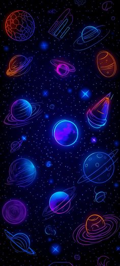 the solar system with all its planets and their satellites in neon colors on a black background