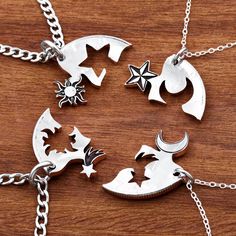 This 4 piece necklace set features a different astronomical body for piece on each necklace. The fine details are engraved, then we hand cut each piece so they all fit together like a puzzle. We made our Interlocking designs because we wanted to create something that unites people. Either friends or family. Each person gets a piece and every time they look at it, they feel the togetherness and friendship. Feel free to message us directly through Etsy for Custom Design possibilities and quotes. Friendship Jewelry For Four, 4 Best Friend Necklaces, 4 Friends Necklace, Necklaces For Friends, Matching Trio Jewelry, Best Friend Bracelets For 4, Trio Friendship Necklace, Bff Jewelry For 4, Matching Bracelets For 4 Best Friends