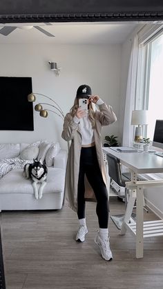 Athleisure Outfits Trench Coat, Athleisure With Trench Coat, Trench Coat Hoody Outfit, Sweats With Trench Coat, Trench Coat Baseball Hat Outfit, Sporty Trench Coat Outfit, Trench And Hoodie Outfit, Trench Coat Leggings Outfit