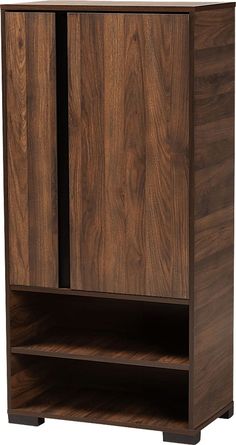 a wooden cabinet with two doors on one side and an open shelf on the other