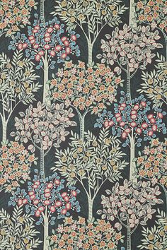 an old wallpaper pattern with trees and flowers on black background, from the late 19th century