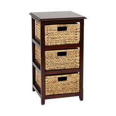 two wicker baskets sit on top of a wooden shelf with drawers underneath it, against a white background