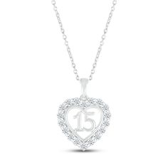 A stunning surprise for the birthday girl, this 10K white gold Quinceañera necklace features a heart with the number 15 at the center. Sparkling white lab-created sapphires trace the heart, making the necklace an ideal gift for an April birthday. The pendant sways from an 18-inch cable chain that secures with a spring-ring clasp. Quinceañera Necklace, Quinceanera Necklace, Blue Quince, Number 15, April Birthday, White Lab, Accessories Jewelry Necklace, Necklace Sterling Silver, Birthday Girl