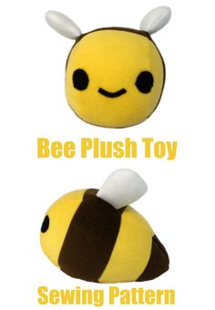 two stuffed animals with the words bee plush toy sewing pattern on them and an image of a