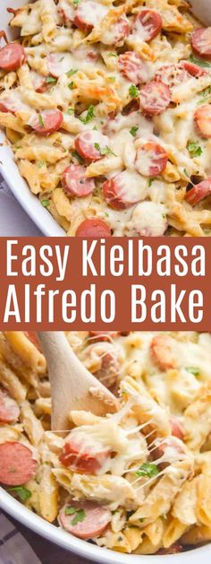 an easy kielbasa alfredo bake is shown in a casserole dish