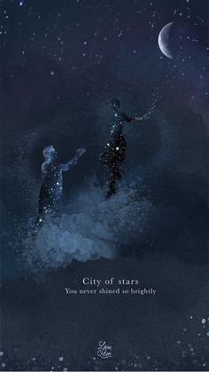 two people standing on top of a hill under the moon and stars in the sky