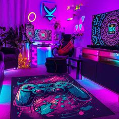 a living room filled with furniture and neon lights on the walls, along with video game controllers