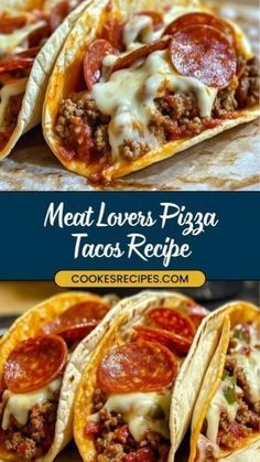 two pictures of meat lovers pizza tacos with cheese and pepperoni