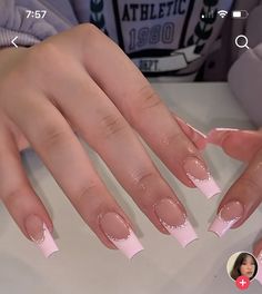 Pink Tip Nails, Baby Pink Nails, French Tip Acrylic Nails, Simple Acrylic Nails, Glow Nails, Nail Design Ideas, 140 Pounds, Bling Acrylic Nails, Acrylic Nails Coffin Short