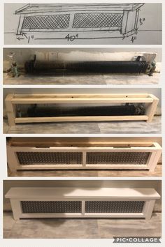 three different types of heaters in the process of being built and assembled with wood