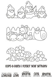 some cute animals and flowers with the words happy birthday in black ink on white paper