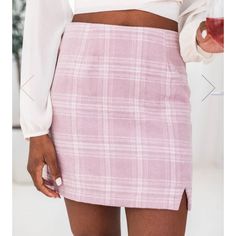 Details Pink Plaid Skirt Fabric Has No Stretch, Lightweight A-Line Style With A Slit Hem Detail Pair This Cute Mini Skirt With A Sweater Or Bodysuit Unlined Material And Care 100% Polyester Hand Wash, Lay Flat To Dry Pink Plaid Skirt, Pink And White Plaid, White Plaid Skirt, Holiday Skirt, Cute Mini Skirt, Pink Pencil Skirt, Holiday Skirts, Plaid Pencil Skirt, Beige Plaid