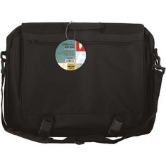 a black messenger bag with a tag on it