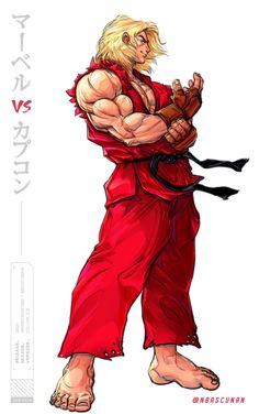 an image of a man in red clothes holding a black belt and standing on one leg