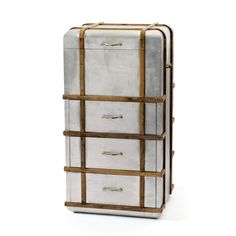 a metal and wood chest with drawers on wheels, in the shape of a suitcase