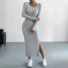 YuooMuoo Autumn Winter Knitted Maxi Dress Casual All Match O-neck Basic Long Sleeve Bodycon Sweater Bodycon Sweater, Bodycon Sweater Dress, Long Knitted Dress, Knit Maxi Dress, Ribbed Knit Dress, Basic Long Sleeve, Maxi Knit Dress, Womens Robes, Dongguan