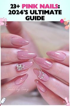 "Medium-length almond aesthetic pink nails with sparkling glitter and jewel accents, in gel, giving a glossy and textured appearance for festive or party attire." Almond Aesthetic, Party Attire, Sparkles Glitter, Medium Length